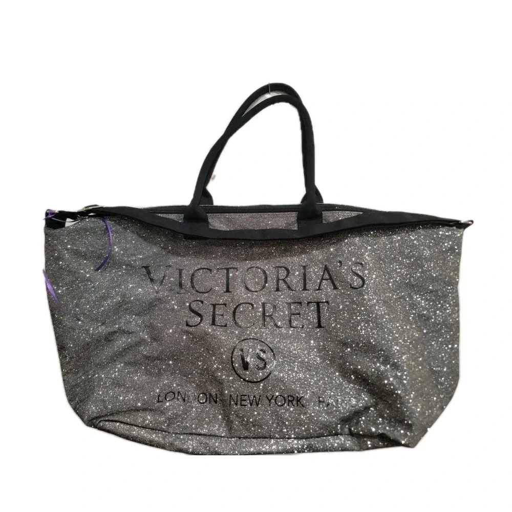 Victoria's Secret Silver Glitter Weekend Getaway Tote‎ Bag Large Duffel Sparkle